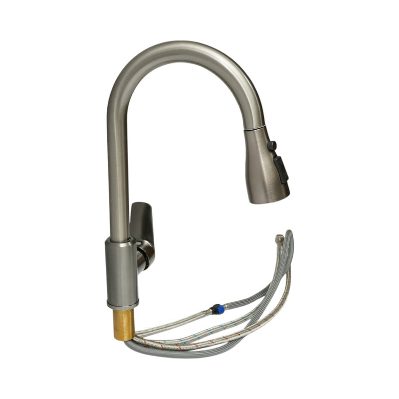 Rubinetto premium in rame per lavello da cucina con doccetta estraibile a 3 funzioni, monocomando, finitura grigio grafite satinato, flessibili inclusi