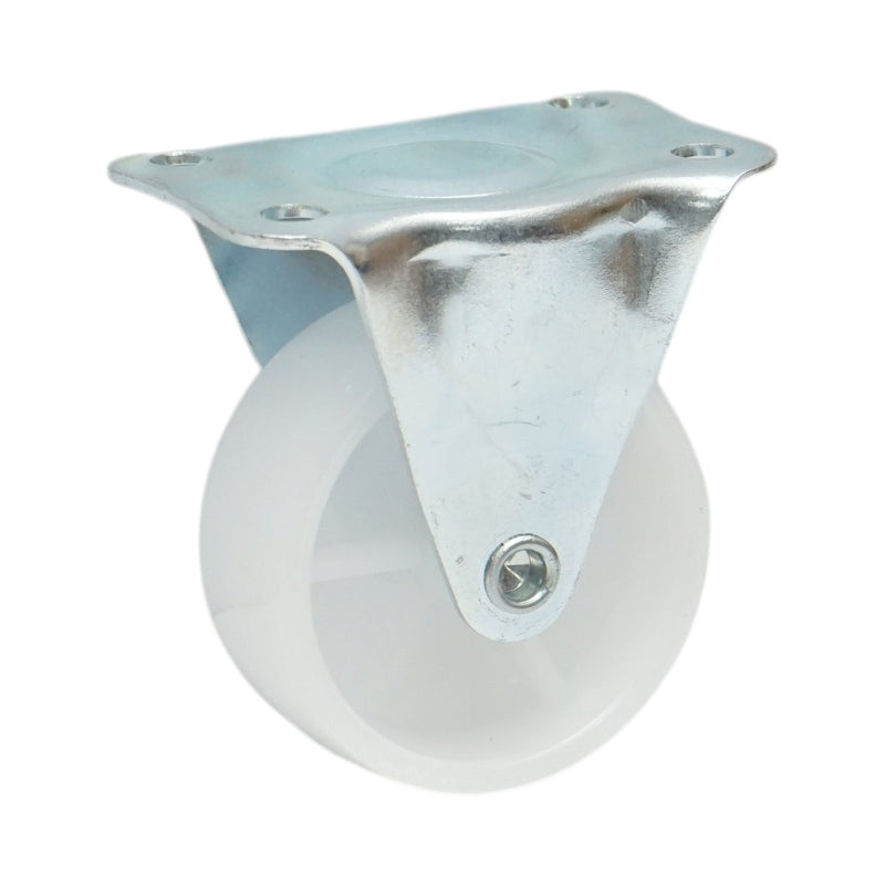 Ruota fissa 50x22 mm senza freno, in polipropilene bianco, piastra in acciaio 60x41 mm, portata 30 kg