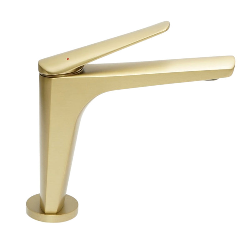 Rubinetto premium in rame per lavabo, con bocca lunga e design squadrato; monocomando, finitura oro opaco, flessibili inclusi.