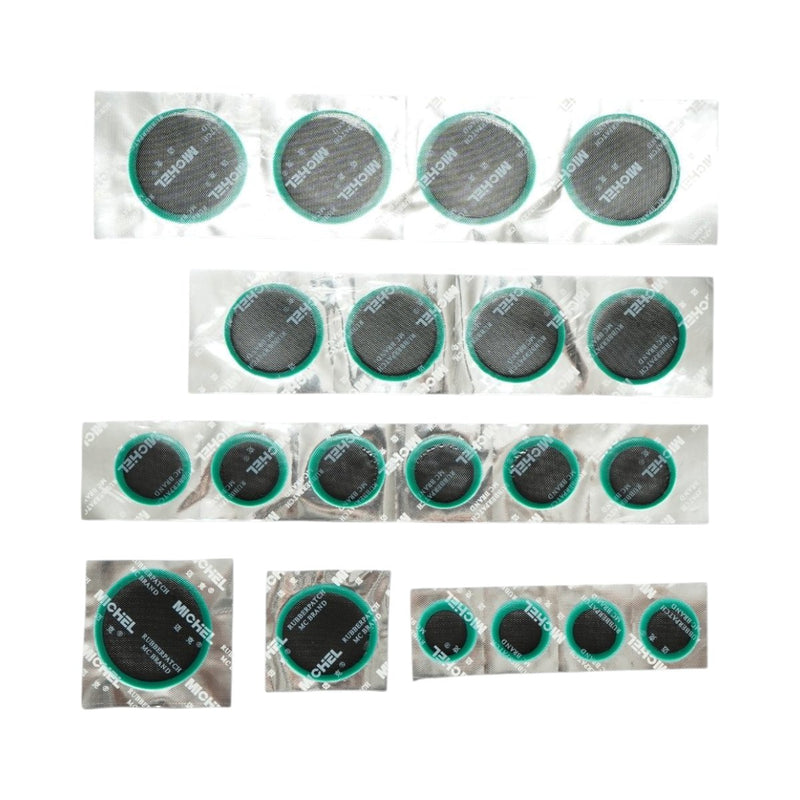 Set di 20 toppe rotonde per vulcanizzazione (25 mm, 32 mm, 42 mm, 50 mm) + 1 tubetto di adesivo da 20 ml per camere d'aria