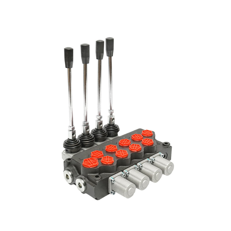 Distributore idraulico a 4 leve, valvola di sicurezza SD11, portata 80L/min, leva e riduzione -15 /+80 Breckner Germany