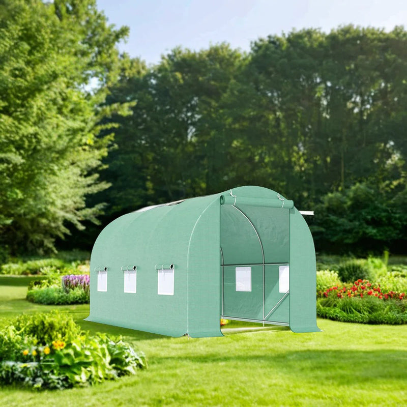 Serra da giardino 300×200×200 cm, telo verde in PE con rete 140 g/m² anti-UV, 1 porta, 6 finestre, tubo in acciaio zincato 19 mm THOR