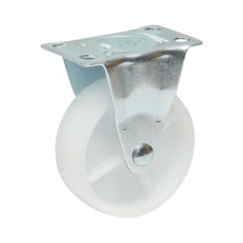 Ruota fissa 73x25 mm senza freno, in polipropilene bianco, piastra in acciaio 70x44 mm, portata 45 kg