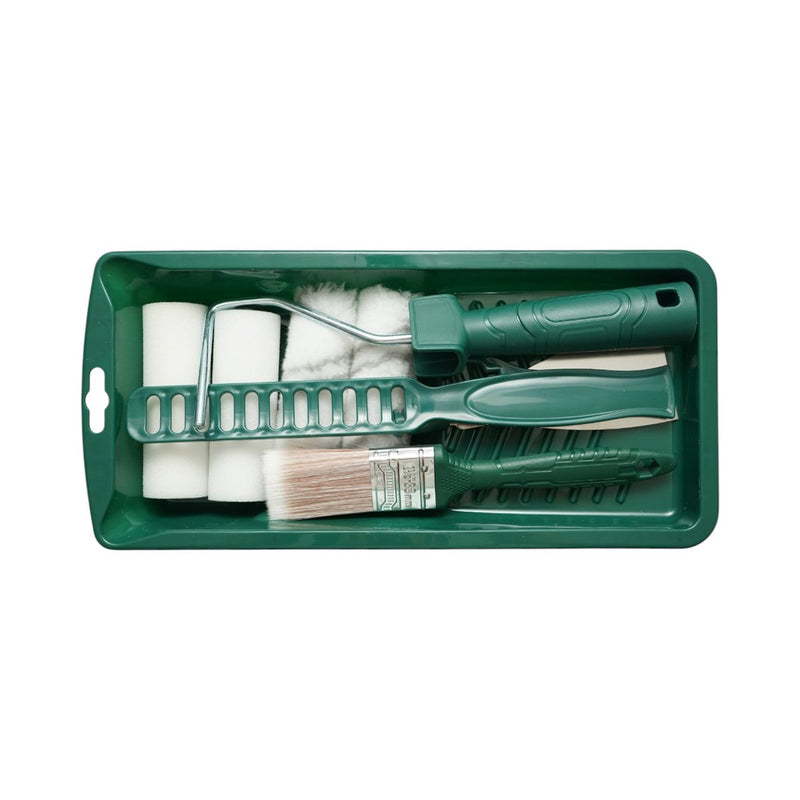 Set di rulli per verniciatura da 10 cm: 2 rulli in lana, 2 rulli in spugna, pennello da 38 mm, spatola, miscelatore manuale, vaschetta per vernice, set da 10 inserti per vaschetta. Breckner Germany