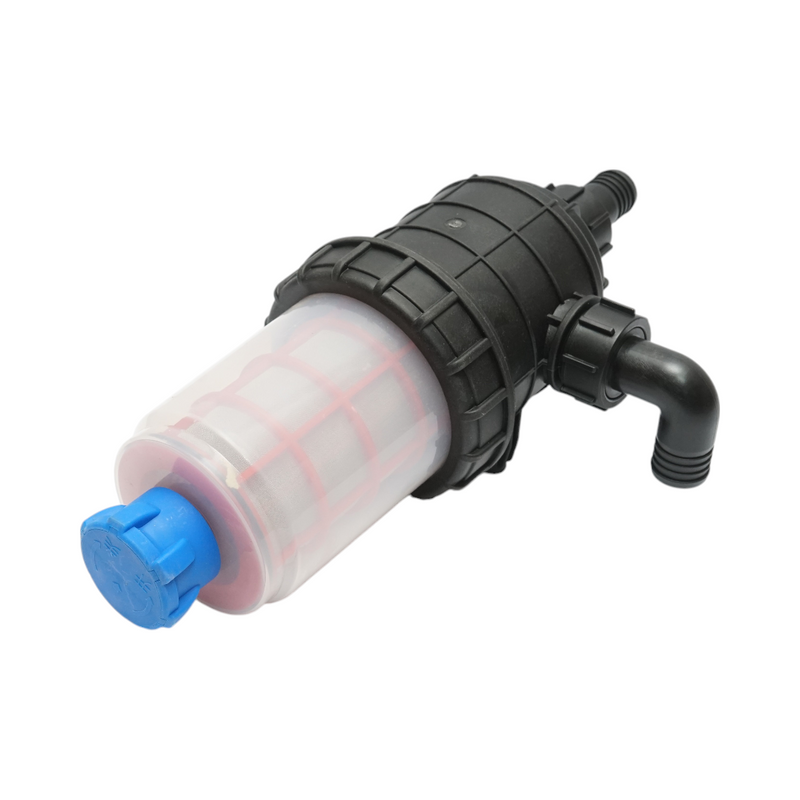 Filtro trasparente per irroratrice con doppia rete e valvola autopulente, attacco da 32 mm.