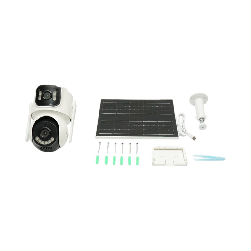 Telecamera di sorveglianza 4G con pannello solare a ricarica rapida da 7,6 W, doppio obiettivo da 4 MP, PTZ a 360°, rilevamento umano tramite IA, visione notturna a colori e app iCSee. Breckner Germany