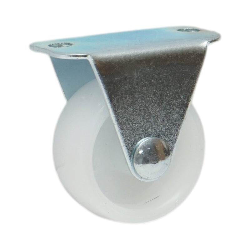Ruota fissa 30x14 mm, senza freno, in polipropilene bianco, piastra in acciaio 37x19 mm, portata 15 kg