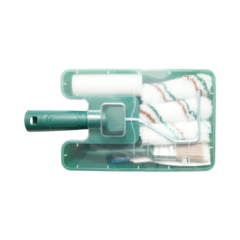 Set per verniciatura da 8 pezzi: telaio per rullo da 10 cm, 2 rulli in poliestere, 1 rullo in microfibra, 1 rullo in spugna, pennello da 25 mm, spatola, vaschetta per vernice. Breckner Germany