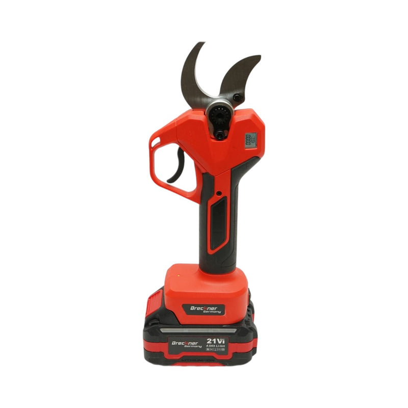 Forbici da potatura elettriche da 500 W con due batterie agli ioni di litio da 21 V e 4 Ah, motore brushless, display digitale e diametro di taglio massimo di 40 mm. Breckner Germany