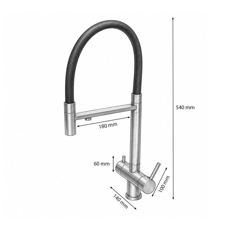 Rubinetto premium in rame per lavello da cucina, con bocca flessibile e doppio comando, finitura grigio grafite satinato, flessibili inclusi.