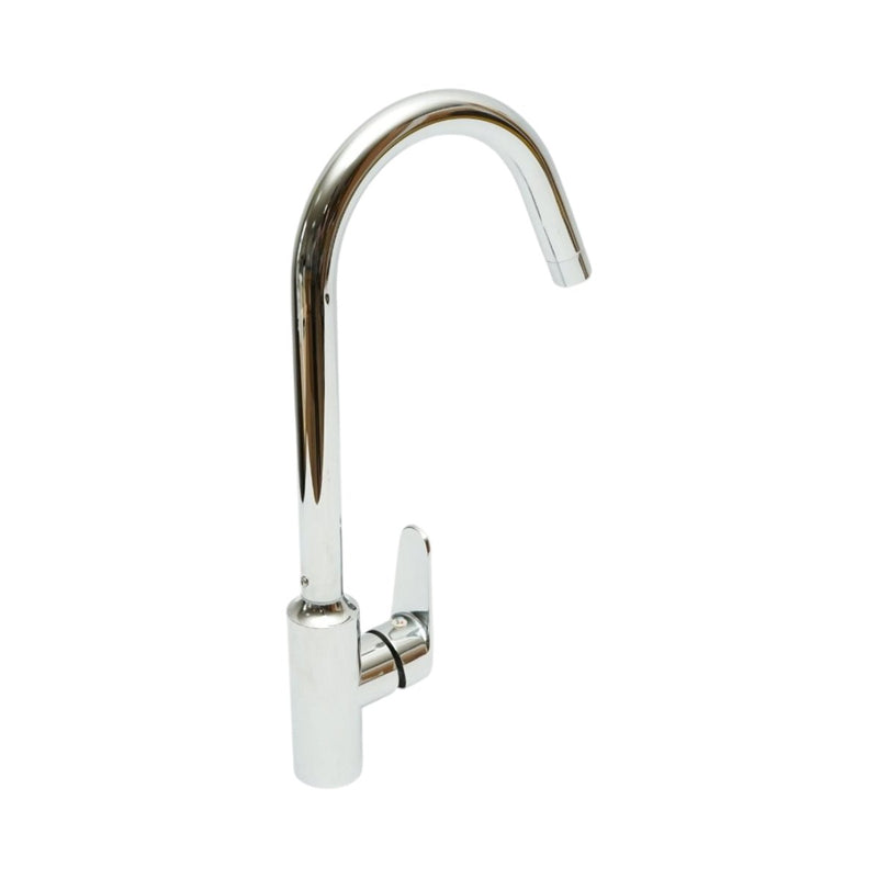 Miscelatore monocomando per lavello cucina con bocca alta girevole a forma di U, finitura cromata lucida, acciaio inox, flessibili inclusi.
