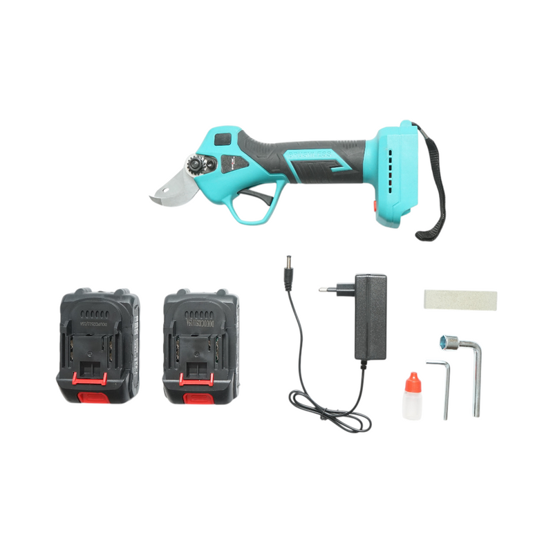 Forbici da potatura elettriche con due batterie agli ioni di litio da 21 V e 1,5 Ah, motore brushless, diametro di taglio 0–25 mm e pulsante di sicurezza. Breckner Germany