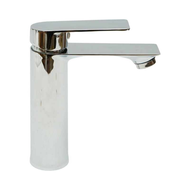 Miscelatore alto e rotondo per lavabo, monocomando, finitura cromata lucida, in lega di zinco, flessibili inclusi