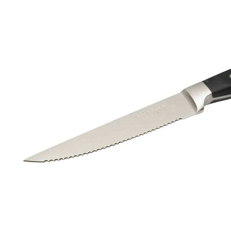 Coltello da bistecca professionale da 11 cm, lama seghettata in acciaio 5Cr15MoV, manico in ABS nero. Breckner Germany