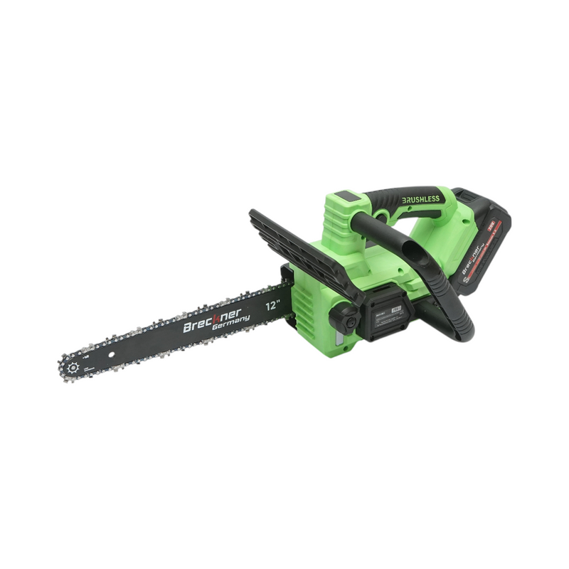 Motosega elettrica professionale con due batterie agli ioni di litio da 20 V e 4 Ah, motore brushless, display digitale a LED e barra da 12 pollici (300 mm). Breckner Germany