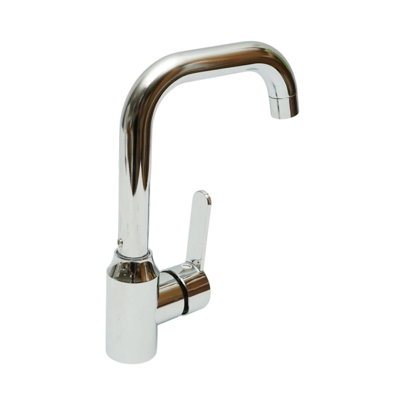 Miscelatore monocomando per lavello cucina con bocca girevole a U, finitura cromata lucida, acciaio inox, flessibili inclusi