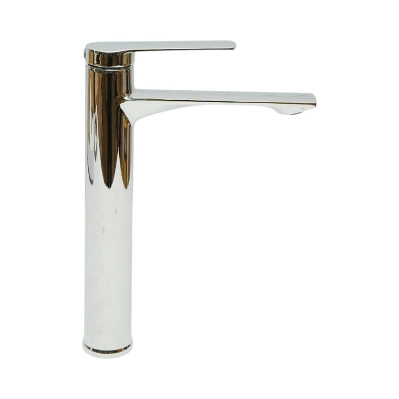 Miscelatore alto e rotondo per lavabo, monocomando, finitura cromata lucida, acciaio inossidabile, flessibili inclusi