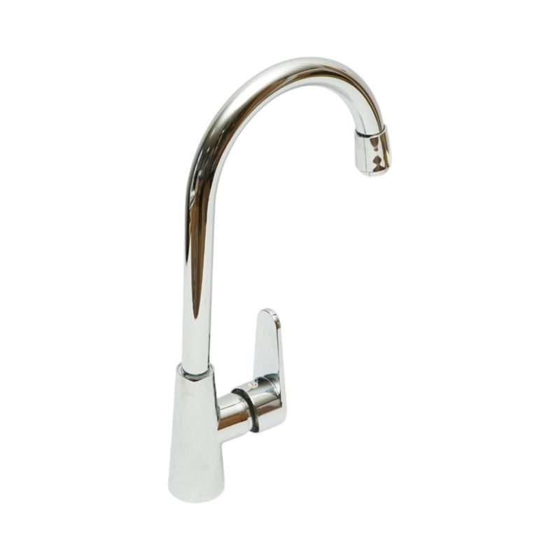 Miscelatore monocomando per lavello cucina con bocca alta girevole a forma di U, finitura cromata lucida, acciaio inox, flessibili inclusi.