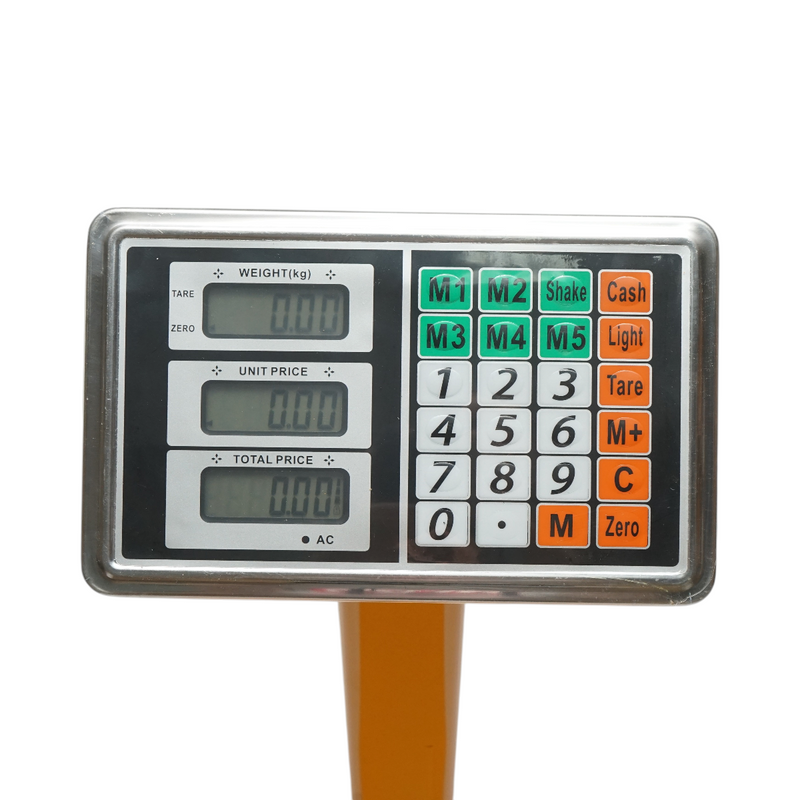 Bilancia elettronica a piattaforma, portata 350 kg, 500x400 mm, con colonna ripiegabile e display LCD.