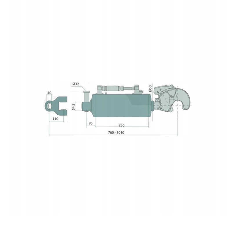 Tirante centrale idraulico regolabile 760–1010 mm, categoria 3-3, con innesto rapido, corsa 250 mm, perno 40 mm, stelo 50 mm.