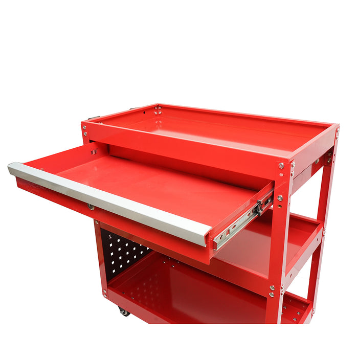 Carrello metallico su ruote con 3 ripiani, supporti e cassetto per attrezzi 660x360x730mm.