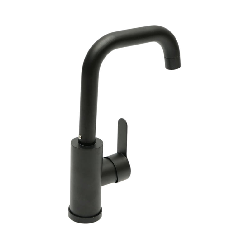 Rubinetto per lavello cucina nero opaco con bocca girevole a U, monocomando, in lega di zinco, flessibili inclusi.