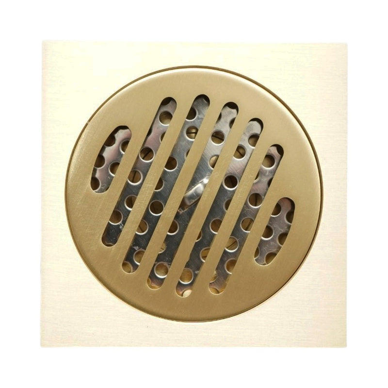 Scarico a pavimento quadrato con griglia, oro satinato, acciaio inox, 100x100 mm