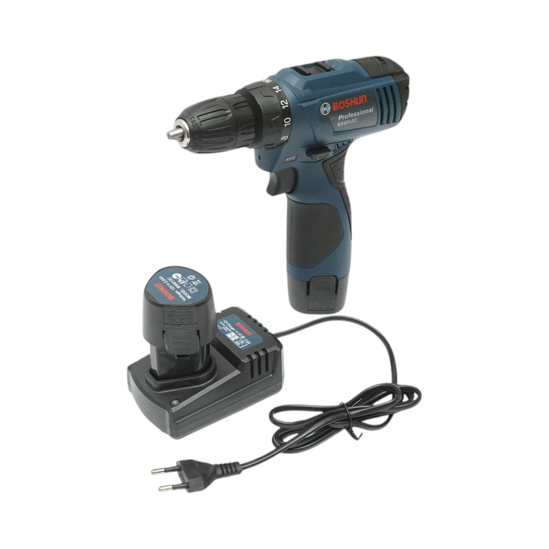 Trapano-avvitatore professionale con due batterie da 12 V/2,0 Ah e un set di utensili da 49 pezzi.