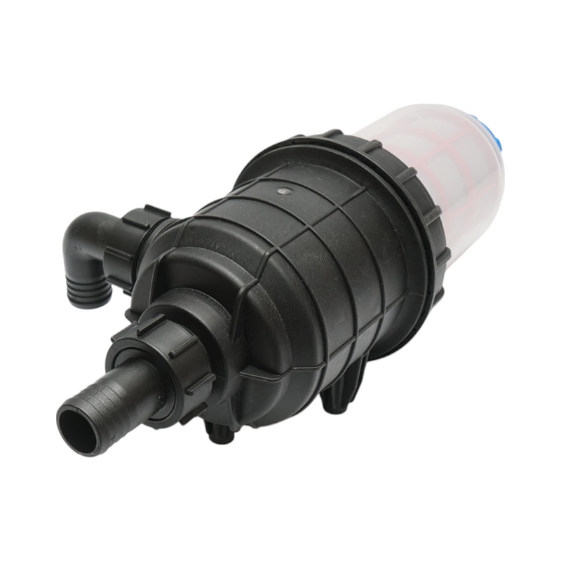 Filtro trasparente per irroratrice con doppia rete e valvola autopulente, attacco da 32 mm.