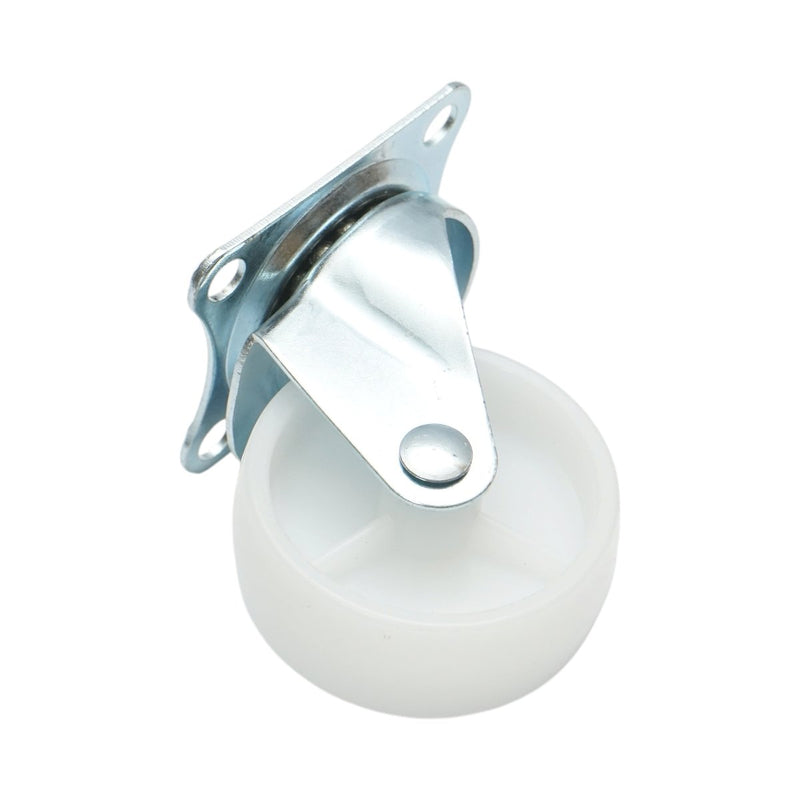 Ruota pivottante 65x23 mm senza freno, in polipropilene bianco, piastra in acciaio 70x58 mm, portata 35 kg