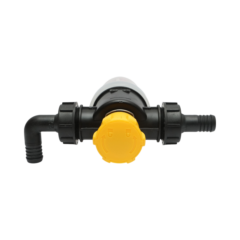 Filtro trasparente per irroratrice con rete filtrante e valvola autopulente, attacco da 25 mm.