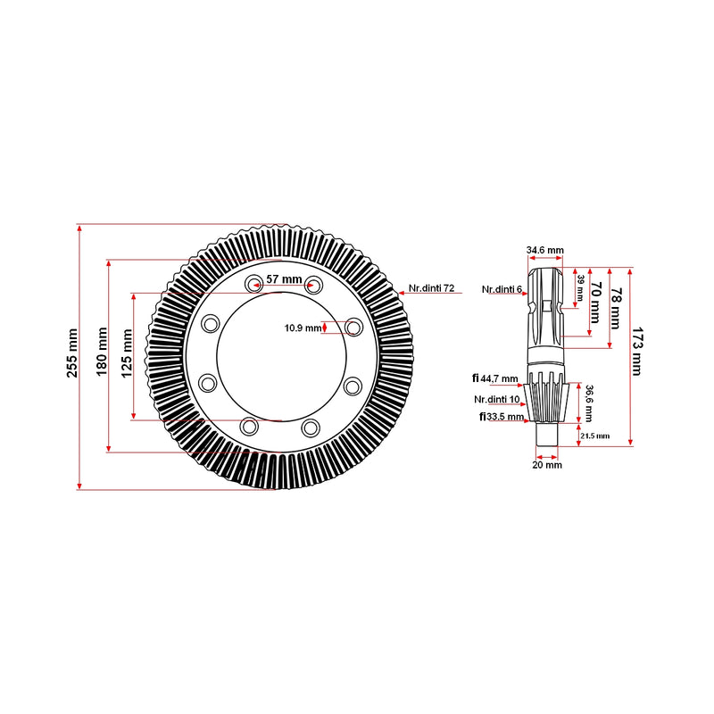 Coppia conica Comer Z72/Z10 M3.55 per ranghinatore Maschio Gaspardo Golia (Serie: 250-300/330/380/410); corona 0.792.6000.00, pignone 0.792.5000.00.