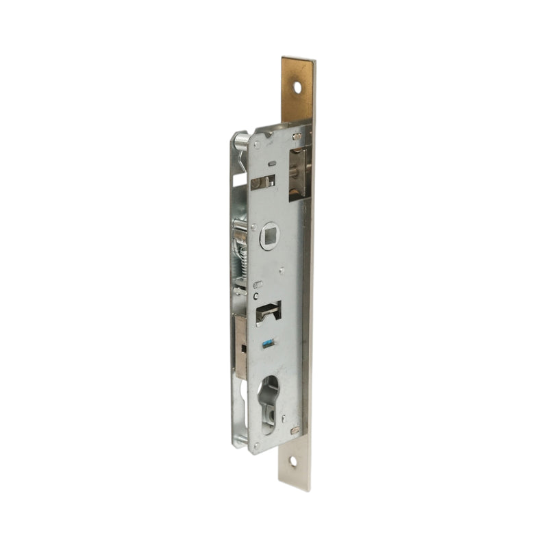 Serratura da infilare con scrocco, 43x174 mm; frontale 23x240 mm; finitura nichel satinato; viti incluse.