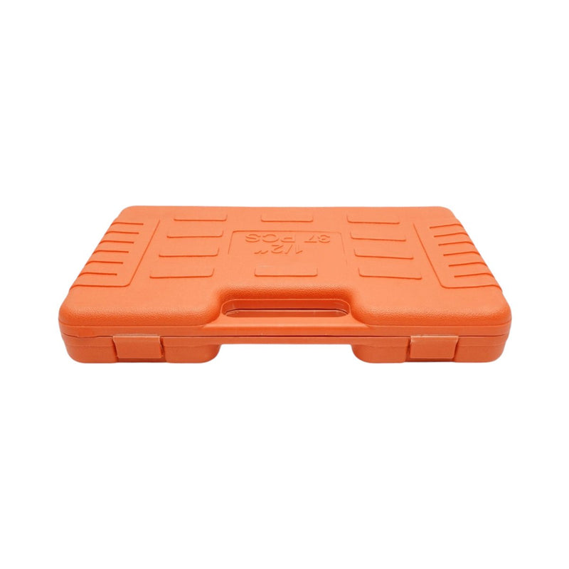 Set da 37 pezzi con bussole da 1/2" in acciaio al cromo-vanadio (8–32 mm) e chiavi combinate (6–19 mm), comprensivo di cricchetto, prolunga a T da 250 mm e snodo cardanico. Breckner Germany