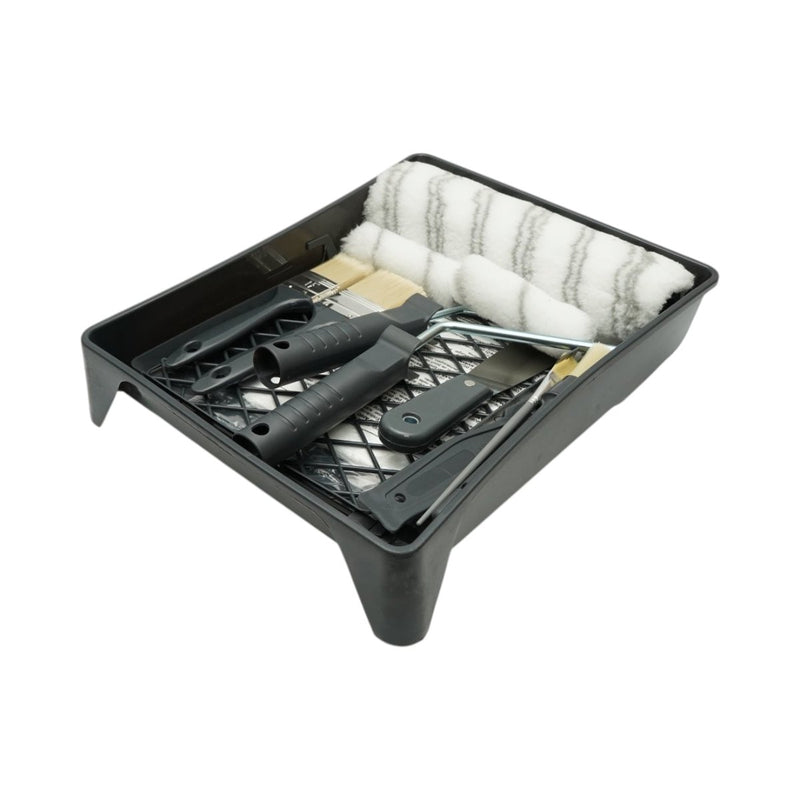 Set per tinteggiatura e decorazione: rulli in poliestere da 10 cm e 25 cm, 4 pennelli, spatola, miscelatore, vaschetta per vernice, griglia di sgocciolamento, telo protettivo, cutter (15 pezzi).Breckner Germany