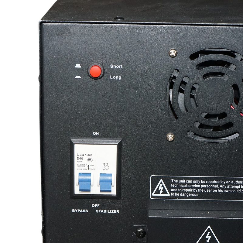 Stabilizzatore di tensione automatico da 10 kVA, 8000 W, 140–250 VAC; monofase a relè, con bypass, connessione a morsettiera e display LCD. Breckner Germany