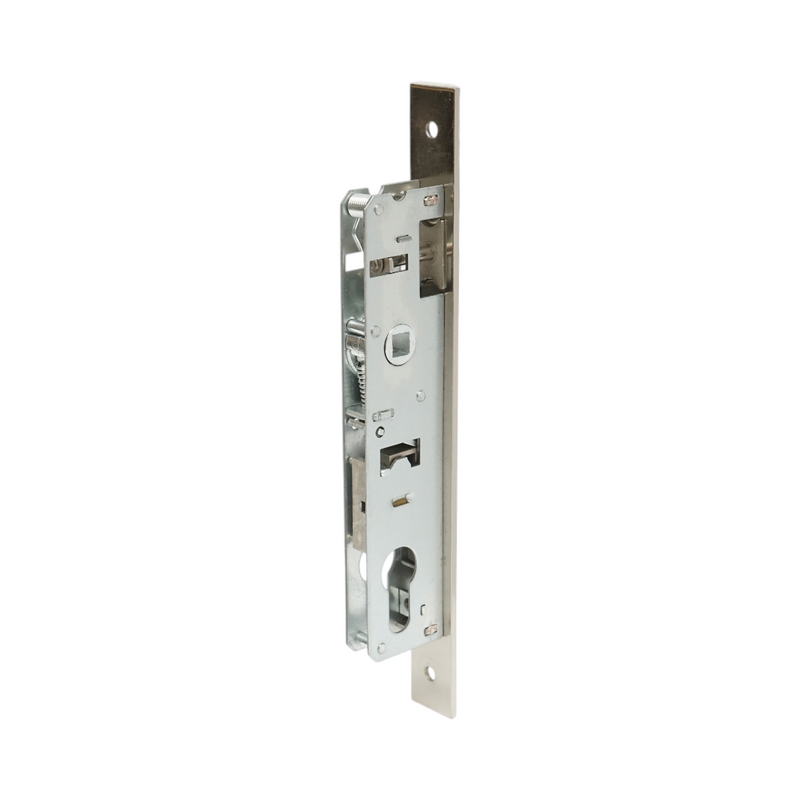 Serratura da infilare con scrocco, scatola 38x174 mm, frontale 23x240 mm, finitura nichel satinato, viti incluse.