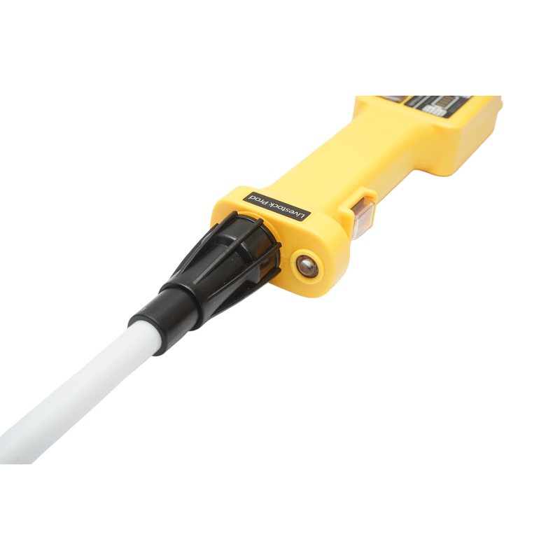 Pungolo elettrico professionale per bestiame da 1100 V con batteria ricaricabile da 8,4 V e 2200 mAh, torcia a LED, indicatore di carica e asta da 80 cm.