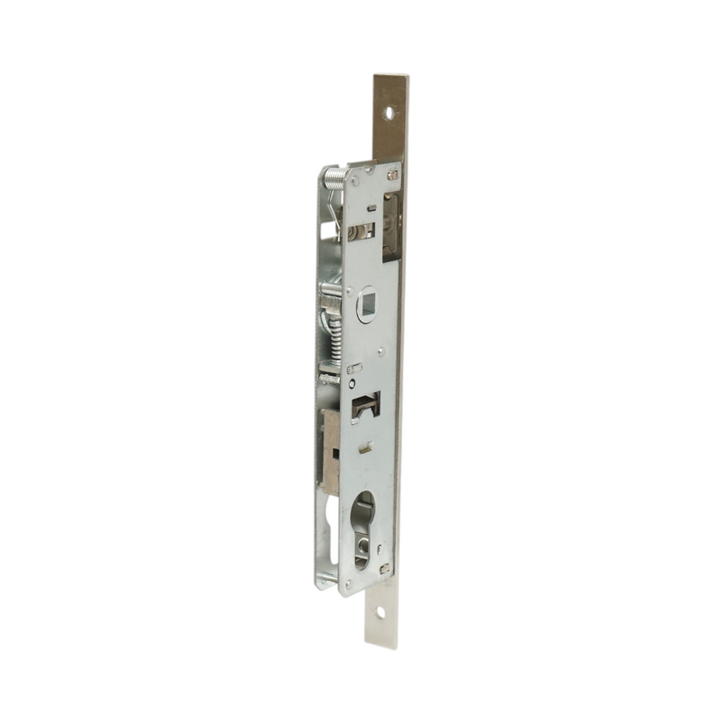 Serratura da infilare con scrocco, scatola 38x174 mm, frontale 16x240 mm, finitura nichel satinato, viti incluse.