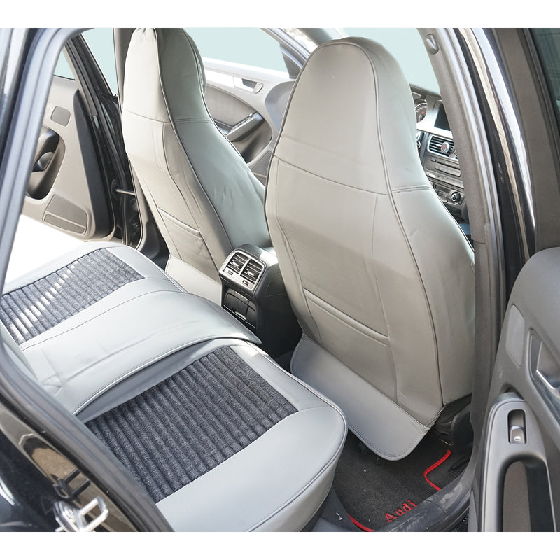 Set coprisedili auto universali premium grigio crema, design ergonomico sportivo, pelle ecologica con inserti tessili, 11 pezzi
