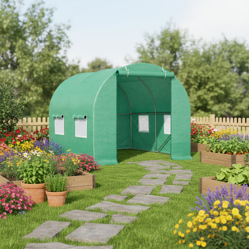Serra da giardino 200×200×200 cm, telo verde in PE con rete 140 g/m² anti-UV, 1 porta, 4 finestre, tubo in acciaio zincato 19 mm THOR