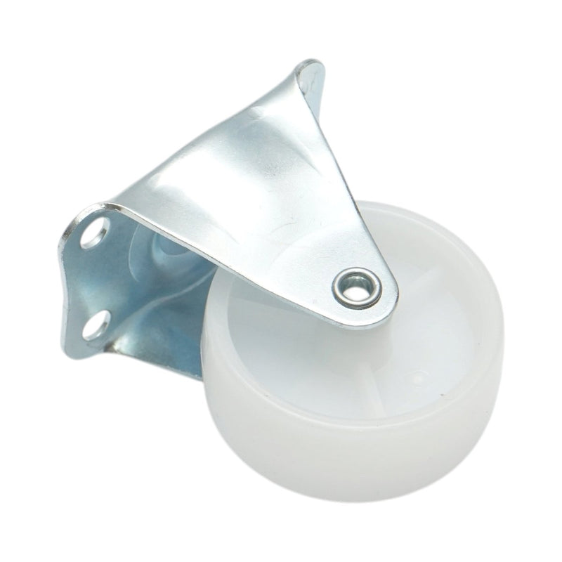 Ruota fissa 50x22 mm senza freno, in polipropilene bianco, piastra in acciaio 60x41 mm, portata 30 kg