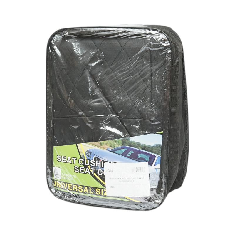 Set coprisedili auto universali Diamond nero-grigio, pelle ecologica trapuntata 9 pezzi