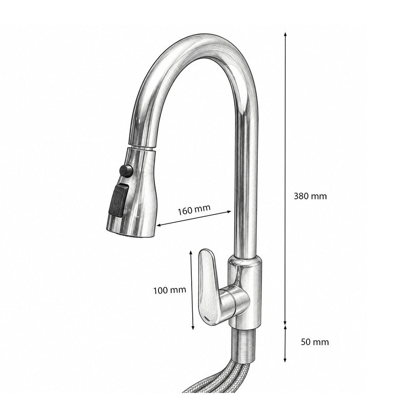 Rubinetto per lavello cucina in rame di alta qualità, con doccetta estraibile a 3 funzioni, monocomando, finitura cromata lucida, flessibili inclusi.