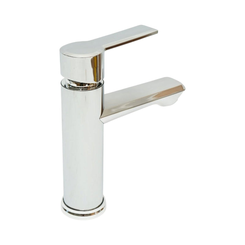 Miscelatore alto e rotondo per lavabo, monocomando, finitura cromata lucida, acciaio inossidabile, flessibili inclusi