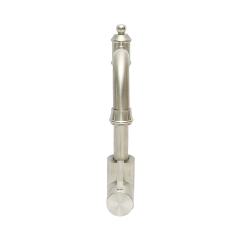 Rubinetto da cucina in stile rétro con canna alta girevole a collo di cigno, monocomando, finitura nichel satinato, in acciaio inox, flessibili inclusi.
