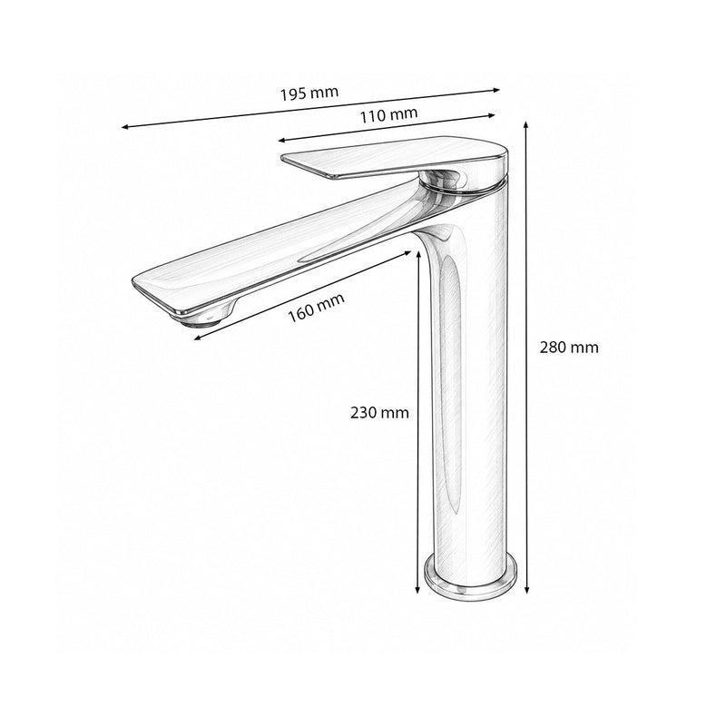 Miscelatore alto di alta qualità per lavabo da bagno in rame, con bocca lunga, design arrotondato, monocomando, finitura cromata lucida e flessibili inclusi.