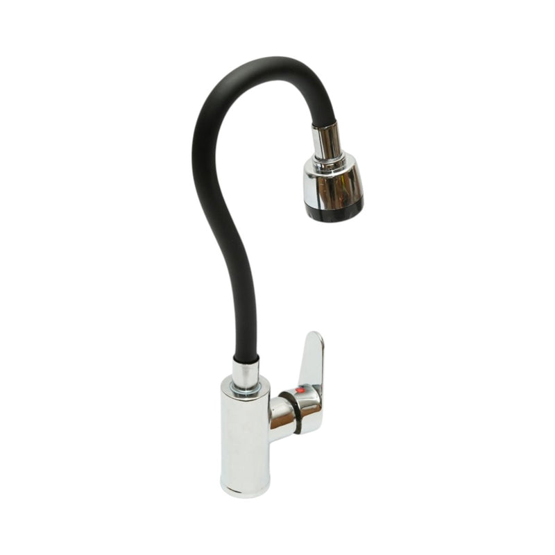 Rubinetto per lavello cucina con bocca flessibile, aeratore a due funzioni, finitura cromo lucido e nero, lega di zinco, flessibili inclusi.