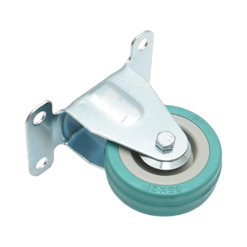 Ruota fissa 65x19 mm senza freno, gomma piena blu, piastra in acciaio 100x59 mm, portata 35 kg
