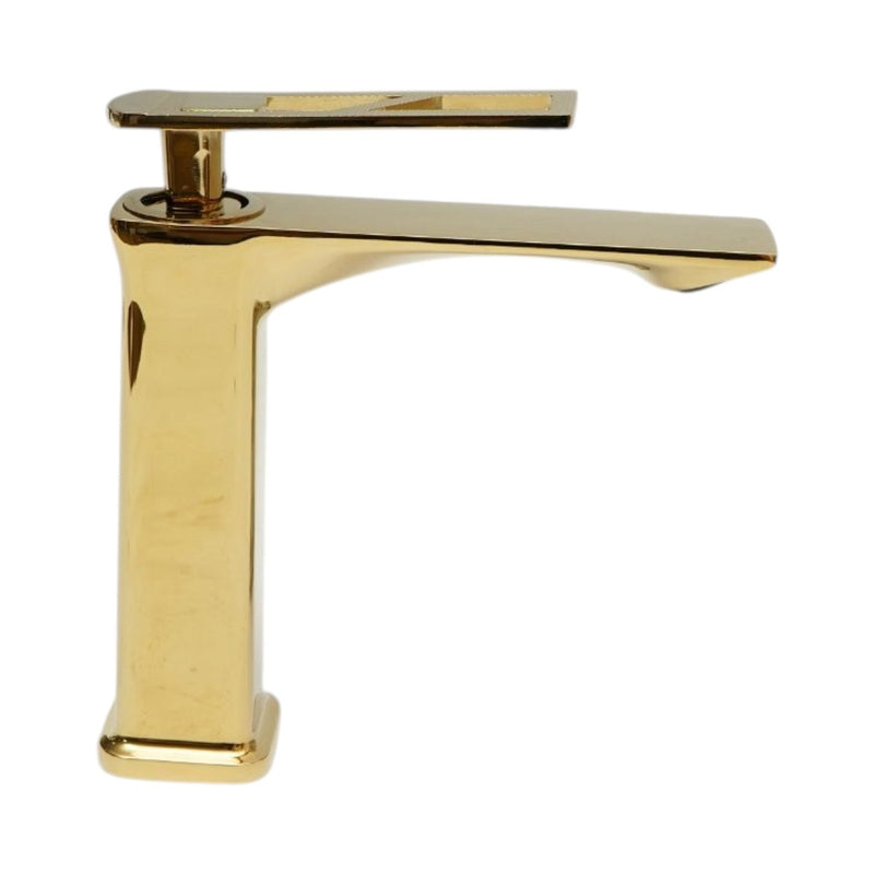 Miscelatore alto a base quadrata per lavabo, monocomando, finitura oro lucido, lega di zinco, flessibili inclusi
